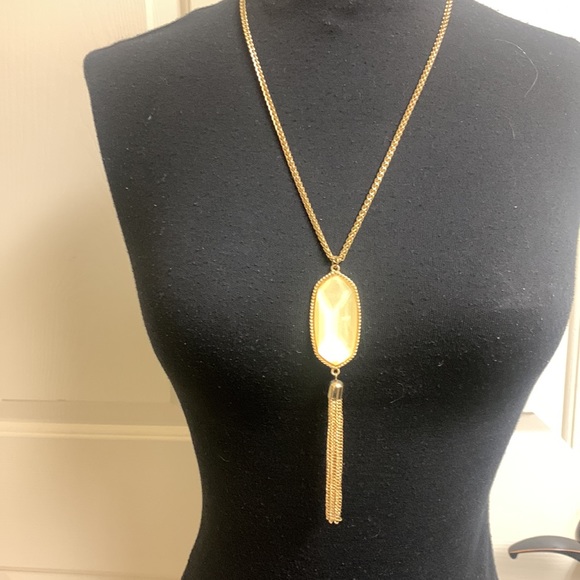 Necklace, Gold chain with light golden center piece with gold tassel, Length 28” - Picture 6 of 7